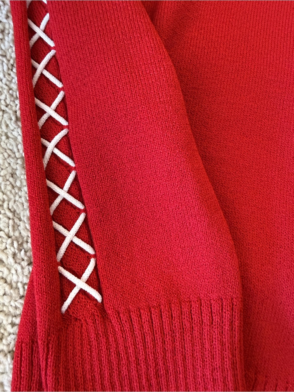 St. John Red Knit Zip Jacket White Lace Up Corset Trim Gold Hardware Size 4 - Picture 4 of 8